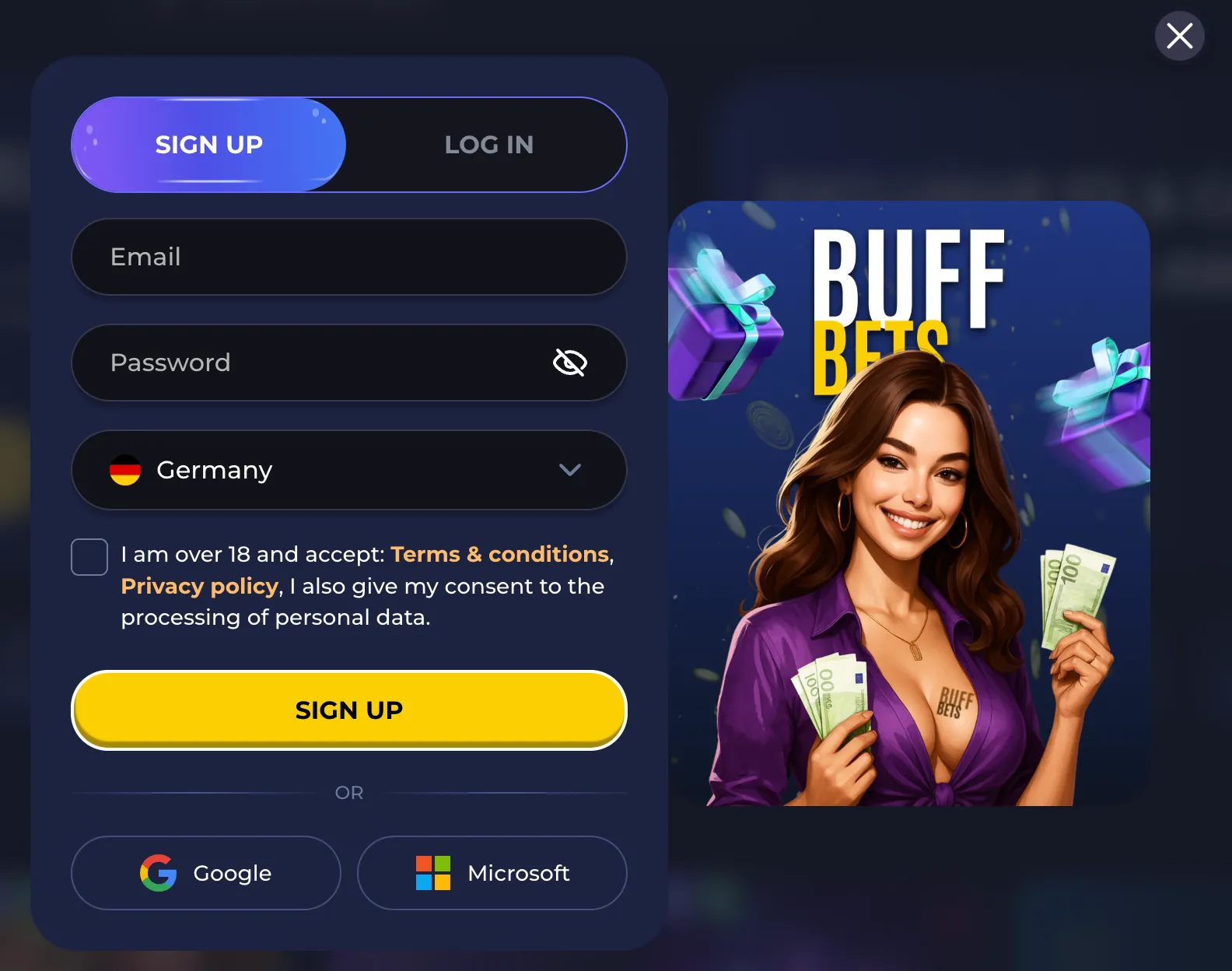 Buffbets Casino account registration and sign-up form